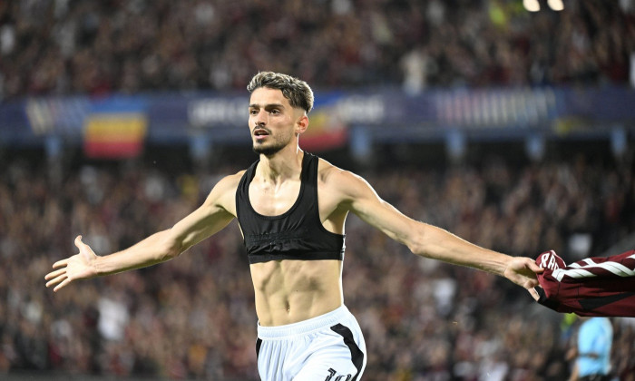 Prague, Czech Republic. 27th Aug, 2024. Albion Rrahmani of Sparta celebrates second goal during the Football Champions League 4th qualifying round Return match: Sparta Prague vs Malmo FF in Prague, Czech Republic, August 27, 2024. Credit: Katerina Sulova/