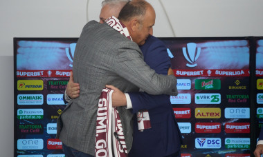 Bucharest, Romania. 21st Aug, 2024: Dan Sucu (L), the financier of FC Rapid, greets Marius Sumudica (R), the new coach of the Fotbal Club Rapid Bucharest, during a press conference, at Superbet Arena-Giulesti, in Bucharest. Credit: Lucian Alecu/Alamy Live