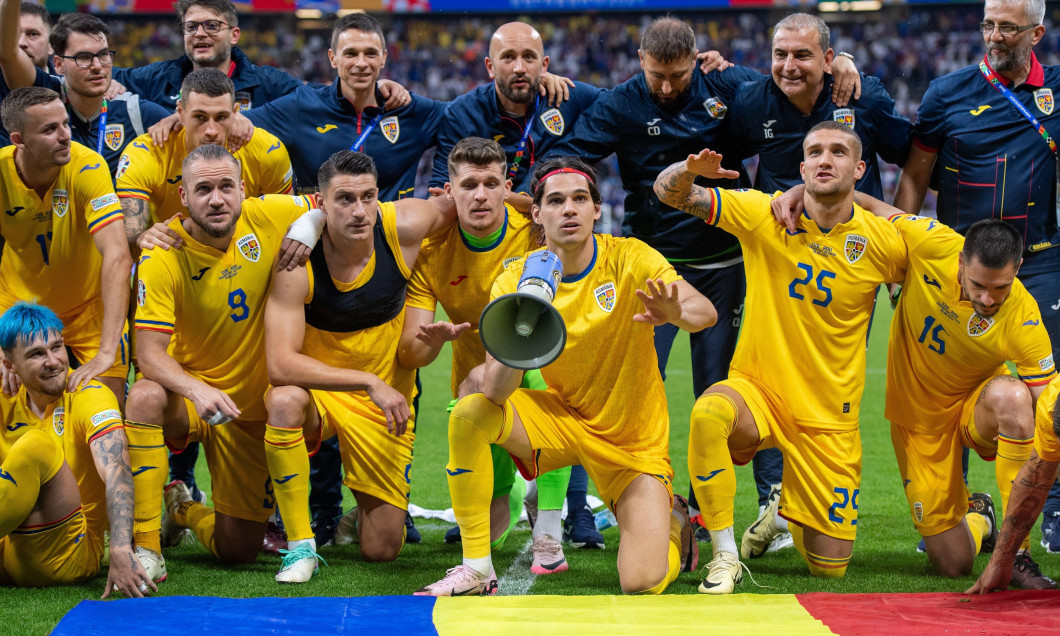 FRANKFURT AM MAIN, GERMANY - JUNE 26: Ianis Hagi, Daniel Birligea, Andrei Burca, George Puscas of Romania celebrates during the UEFA EURO 2024 group s