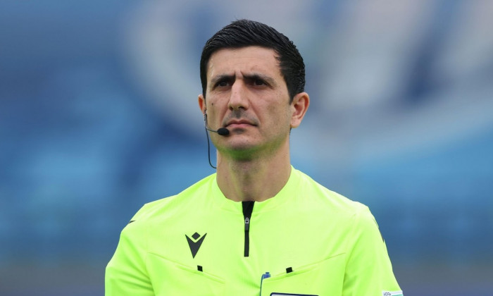 Serravalle, Italy, 5th June 2022. The referee Aliyar Aghayev of Azerbaijan during the line up prior to the UEFA Nations League match at San Marino Stadium, Serravalle. Picture credit should read: Jonathan Moscrop / Sportimage