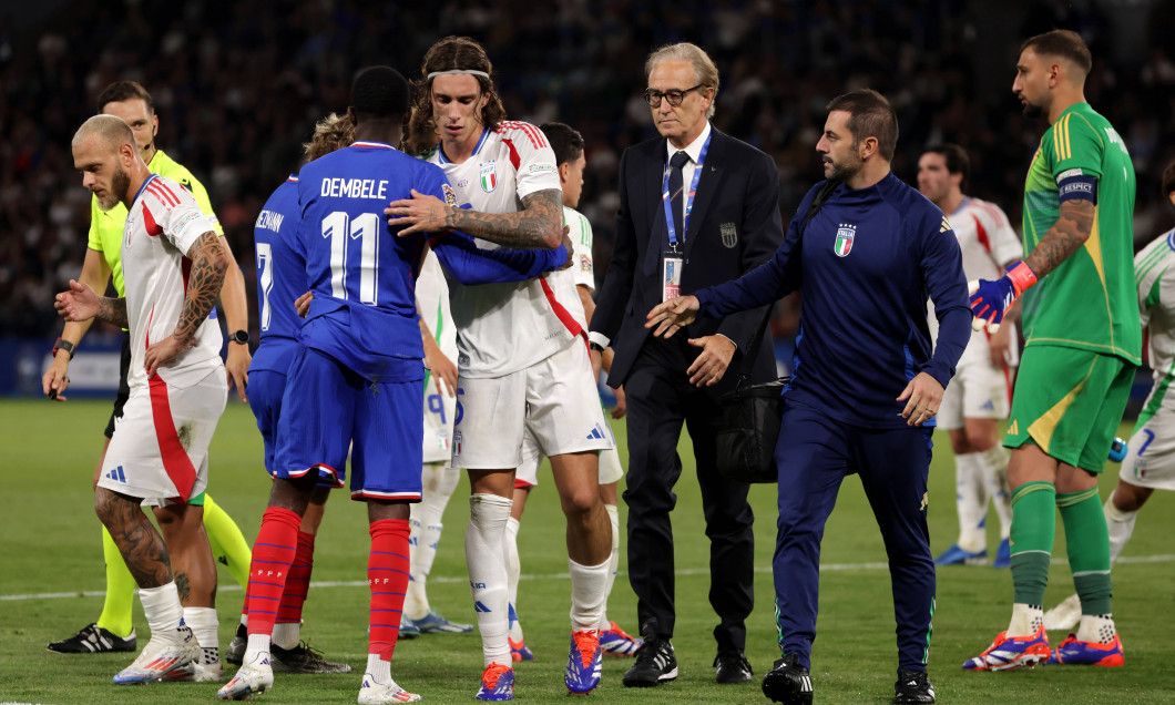 Paris, France, 6th September 2024. Riccardo Calafiori of Italy emrbaces Ousmane Dembele of France as he leaves the field