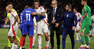 Paris, France, 6th September 2024. Riccardo Calafiori of Italy emrbaces Ousmane Dembele of France as he leaves the field