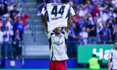 Hamburg, Deutschland. 31st Aug, 2024. Torjubel nach Tor zum 1:0 per Kopfball Robert Glatzel (Hamburger SV, #09) mit Trikot von Mario Vuskovic (Hamburger SV, #44) GER, Hamburger SV vs. Preussen Muenster, Fussball, 2. Bundesliga, Spieltag 4, Saison 2024/202