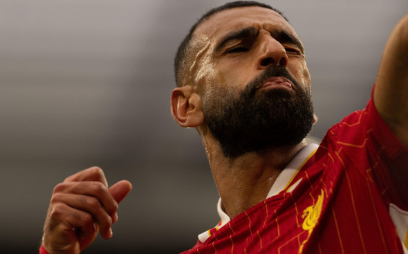 Anfield, Liverpool on Sunday 25th August 2024. Mohamed Salah of Liverpool celebrates after scoring their second goal during the Premier League match between Liverpool and Brentford at Anfield, Liverpool on Sunday 25th August 2024. (Photo: Steven Halliwell