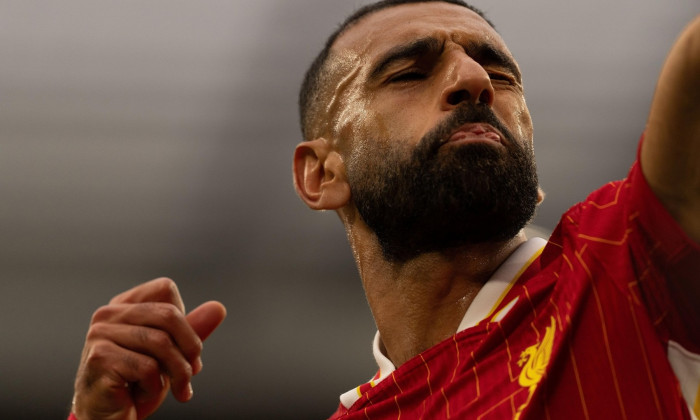 Anfield, Liverpool on Sunday 25th August 2024. Mohamed Salah of Liverpool celebrates after scoring their second goal during the Premier League match between Liverpool and Brentford at Anfield, Liverpool on Sunday 25th August 2024. (Photo: Steven Halliwell