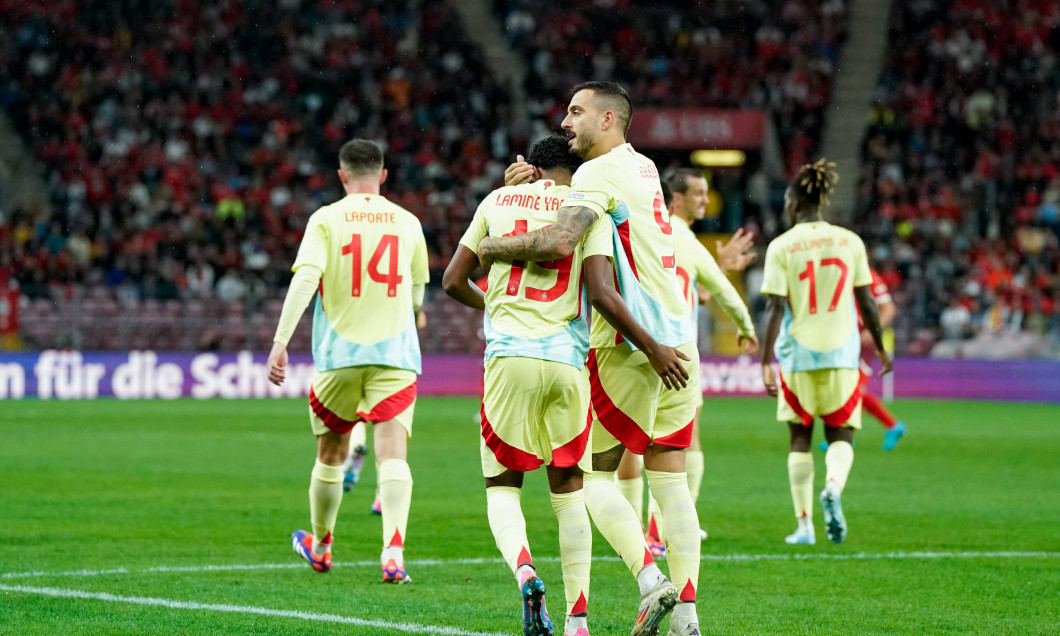 Geneva, Switzerland, September 8th 2024: Joselu (9 Spain) celebrates with Lamine Yamal (19 Spain) after scoring his team