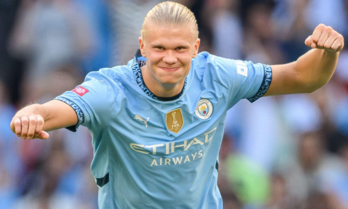 London, UK. 10th Aug, 2024 - Manchester City v Manchester United - Community Shield - Wembley Stadium. Manchester City's Erling Haaland celebrates winning the penalty shoot-out against Manchester United. Picture Credit: Mark Pain / Alamy Live News