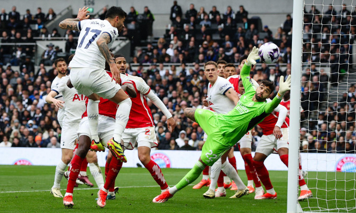 LONDON, UK - 28th Apr 2024: Cristian Romero of Tottenham Hotspur hits the post with this header during the Premier League match between Tottenham Hotspur FC and Arsenal FC at Tottenham Hotspur Stadium(Credit: Craig Mercer/ Alamy Live News)