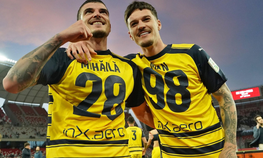 Bari, Italy. 01st May, 2024. Valentin Mihaila of Parma Calcio and Dennis Man of Parma Calcio celebrates the victory during SSC Bari vs Parma Calcio, Italian soccer Serie B match in Bari, Italy, May 01 2024 Credit: Independent Photo Agency/Alamy Live News