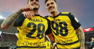 Bari, Italy. 01st May, 2024. Valentin Mihaila of Parma Calcio and Dennis Man of Parma Calcio celebrates the victory during SSC Bari vs Parma Calcio, Italian soccer Serie B match in Bari, Italy, May 01 2024 Credit: Independent Photo Agency/Alamy Live News