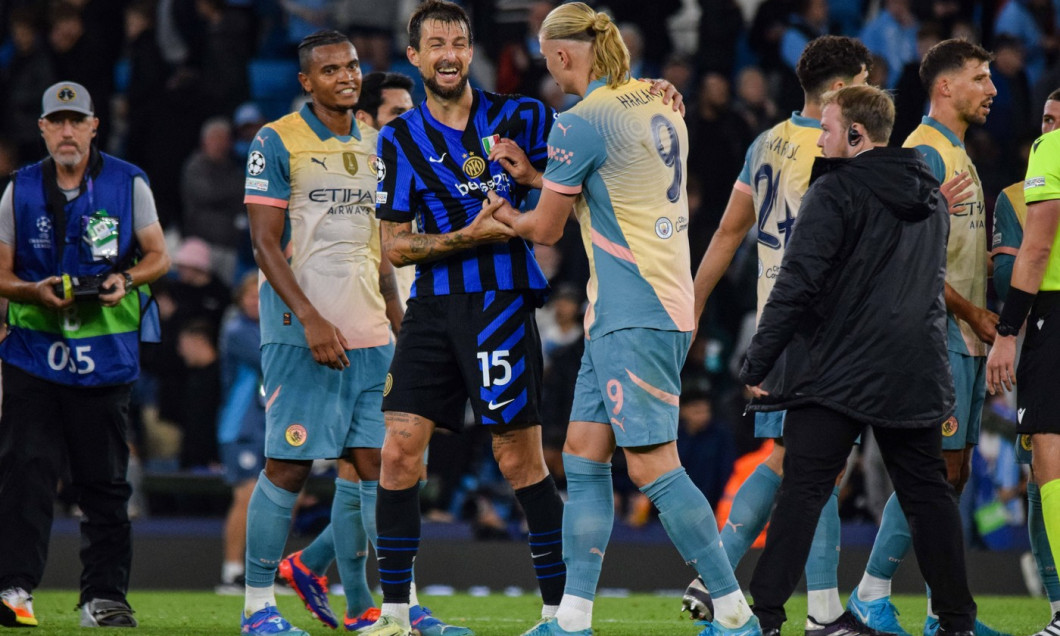 Manchester City FC v Inter Milan Manchester City forward Erling Haaland (9) and Inter Milan defender Francesco Acerbi (1