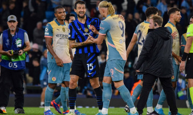 Manchester City FC v Inter Milan Manchester City forward Erling Haaland (9) and Inter Milan defender Francesco Acerbi (1