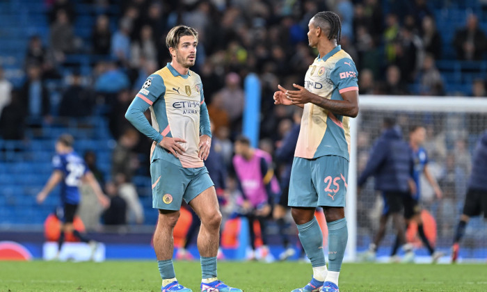 Jack Grealish of Manchester City speaks with Manuel Akanji of Manchester City during the UEFA Champions League league stage match Manchester City vs Inter Milan at Etihad Stadium, Manchester, United Kingdom, 18th September 2024(Photo by Cody Froggatt/Ne