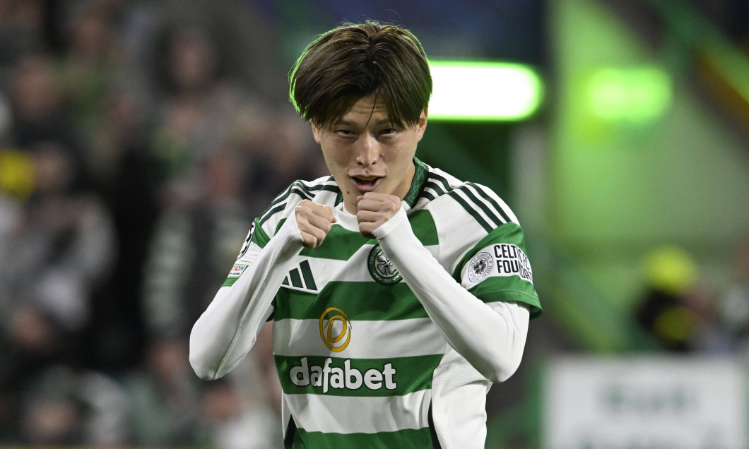 Glasgow, Scotland, 18th September 2024. Kyogo Furuhashi of Celtic scores Celticâ„˘s 2nd goal during the UEFA Champions Lea