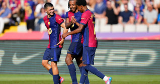 Barcelona, Spain. 31st Aug, 2024. Jules Kounde of FC Barcelona celebrates the 3-0 during the La Liga EA Sports match between FC Barcelona and Real Valladolid played at Lluis Companys Stadium on August 31, 2024 in Barcelona, Spain. (Photo by Sergio Ruiz/PR