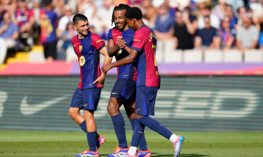 Barcelona, Spain. 31st Aug, 2024. Jules Kounde of FC Barcelona celebrates the 3-0 during the La Liga EA Sports match between FC Barcelona and Real Valladolid played at Lluis Companys Stadium on August 31, 2024 in Barcelona, Spain. (Photo by Sergio Ruiz/PR