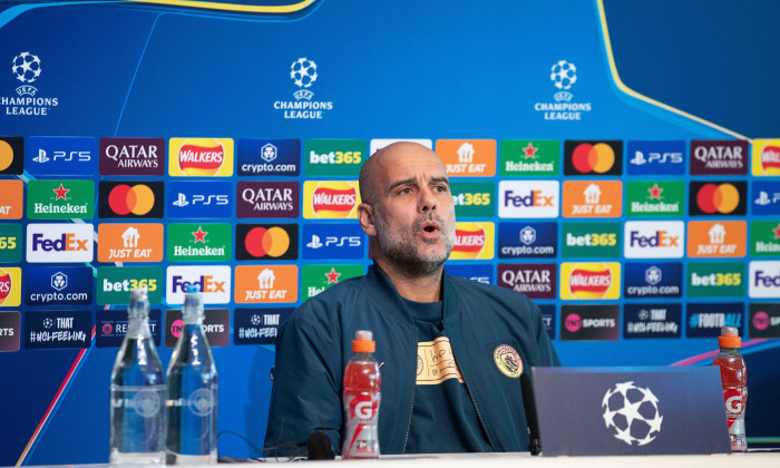 Manchester on Tuesday 17th September 2024. Manchester City F.C. manager Pep Guardiola at Manchester City press conference at the Joie Stadium, Manchester on Tuesday 17th September 2024. (Photo: Mike Morese | MI News) Credit: MI News &amp; Sport /Alamy Live Ne