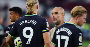 LONDON, UK - 31st Aug 2024: Erling Haaland of Manchester City is congratulated by Manchester City manager Pep Guardiola after scoring a hat-trick during the Premier League match between West Ham United and Manchester City at London Stadium(Credit: Crai