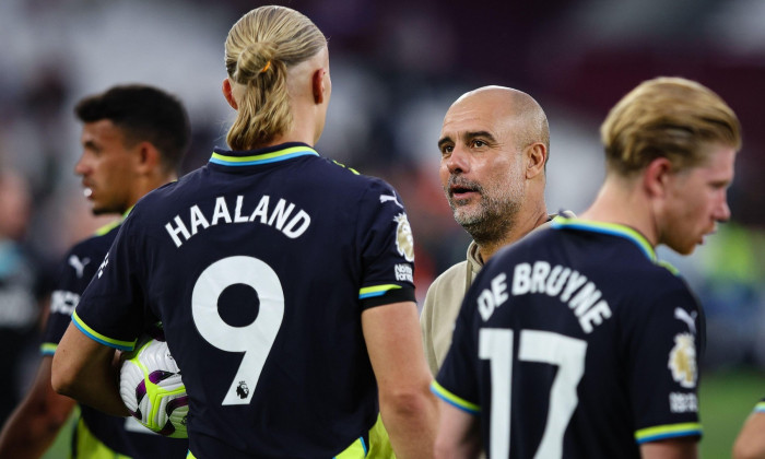 LONDON, UK - 31st Aug 2024: Erling Haaland of Manchester City is congratulated by Manchester City manager Pep Guardiola after scoring a hat-trick during the Premier League match between West Ham United and Manchester City at London Stadium(Credit: Crai