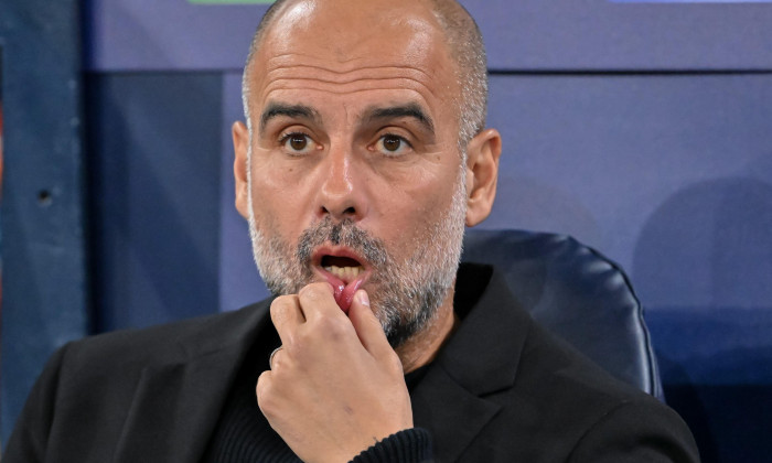 Pep Guardiola manager of Manchester City on the bench ahead of the UEFA Champions League league stage match Manchester City vs Inter Milan at Etihad Stadium, Manchester, United Kingdom, 18th September 2024(Photo by Cody Froggatt/News Images)