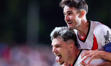 Madrid, Spain. 16th Sep, 2024. Andrei Ratiu (L) and Oscar Valentin (R) of Rayo Vallecano celebrate a goal during the 2024/2025 La Liga EA Sports week 5 football match between Rayo Vallecano and CA Osasuna at Estadio de Vallecas. Final score: Rayo Vallecan