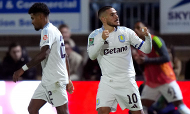 Aston Villa's Emi Buendia (right) celebrates scoring their side's first goal of the game during the Carabao Cup third round match at Adams Park, Wycombe. Picture date: Tuesday September 24, 2024.