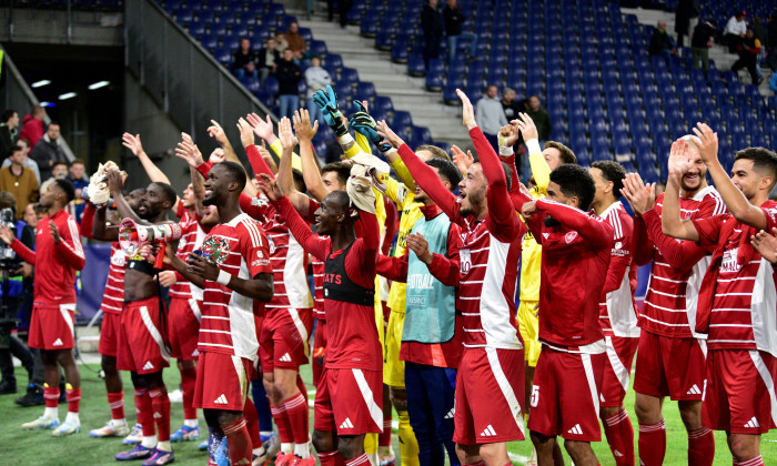 Team Brest celebrate win after the UEFA Champions League, League phase football match between Salzburg and Brest FOOTBAL