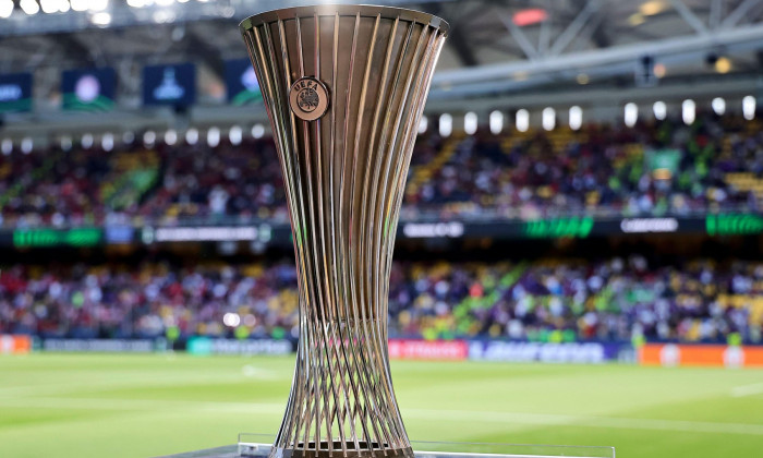 Athens, Greece. 29th May, 2024. The Conference League trophy is seen during the 2023/2024 Conference League Final football match between Olympiacos FC and ACF Fiorentina at AEK Arena stadium in Athens (Greece), May 29th, 2024. Credit: Insidefoto di andrea