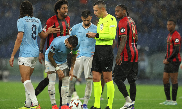 Rome, Italy 03.10.2024: Dante of Nice protest with referee Horatiu Fesnic for penalty during the Uefa Europa League 2024