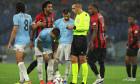 Rome, Italy 03.10.2024: Dante of Nice protest with referee Horatiu Fesnic for penalty during the Uefa Europa League 2024