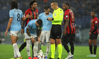 Rome, Italy 03.10.2024: Dante of Nice protest with referee Horatiu Fesnic for penalty during the Uefa Europa League 2024