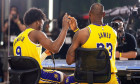 El Segundo, USA. 30th Sep, 2024. Basketball, NBA, Media Day, Los Angeles Lakers: LeBron James (r) and his son Bronny James answer questions during an interview. Credit: Maximilian Haupt/dpa/Alamy Live News