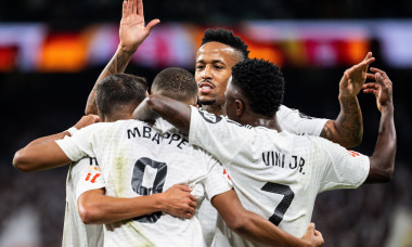 Madrid, Espagne. 24th Sep, 2024. Kylian MBAPPE of Real Madrid celebrate his goal with Eder MILITAO of Real Madrid and Vinicius Junior (Jr) of Real Madrid during the Spanish championship LaLiga football match between Real Madrid and Deportivo Alaves on Sep