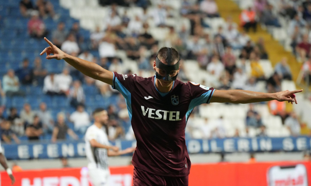 Filip Benkovic of Trabzonspor celebrates after scoring the third goal of his team during the Turkish Super League footba