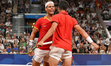 Paris, France. 31st July, 2024. Rafael Nadal and partner Carlos Alcaraz of Team Spain during the Men's Doubles match on day five of the Olympic Games Paris 2024 at Roland Garros on July 31, 2024 in Paris, France. Photo by Laurent Zabulon/ABACAPRESS.COM Cr