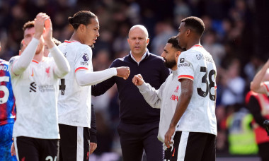 Liverpool's Virgil van Dijk and Mohamed Salah (centre right) after the final whistle of the Premier League match at Selhurst Park, London. Picture date: Saturday October 5, 2024.