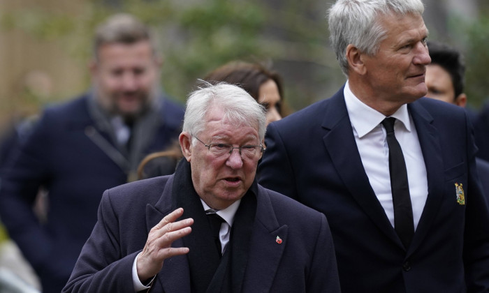 Manchester, England, 13th November 2023: Former manager Sir Alex Ferguson and Former CEO David Gill at the funeral of Si