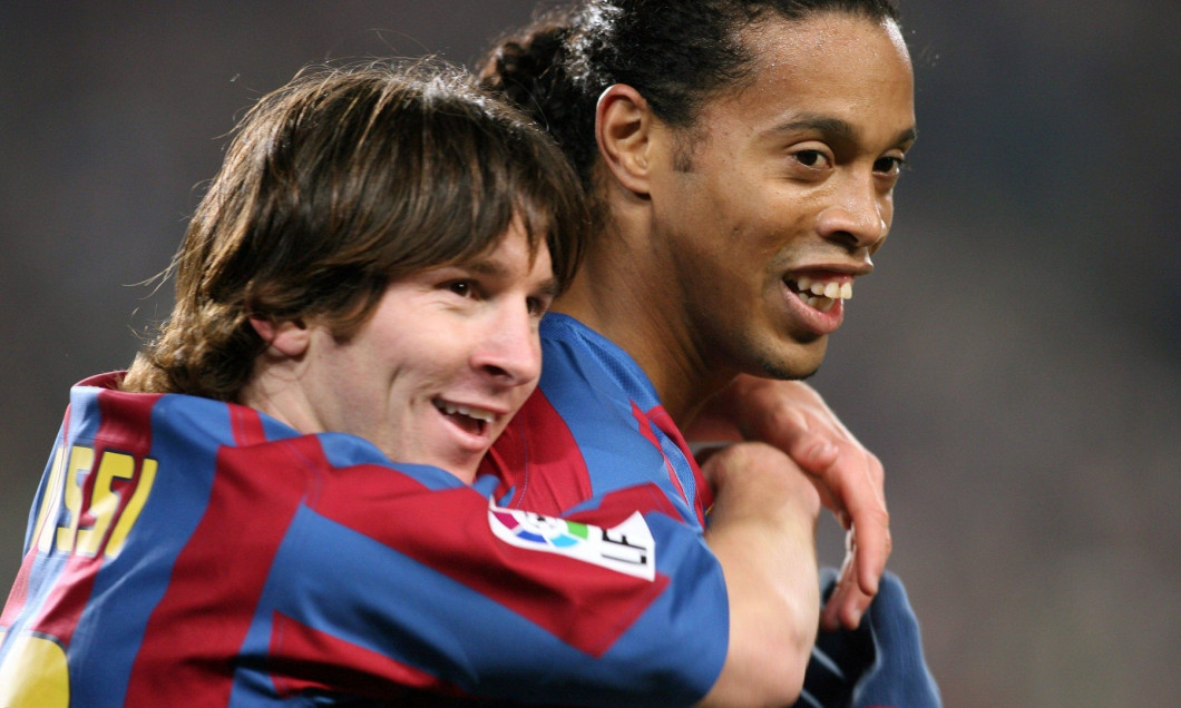 Lionel Messi (li.) und Ronaldinho (beide FC Barcelona) - Torjubel