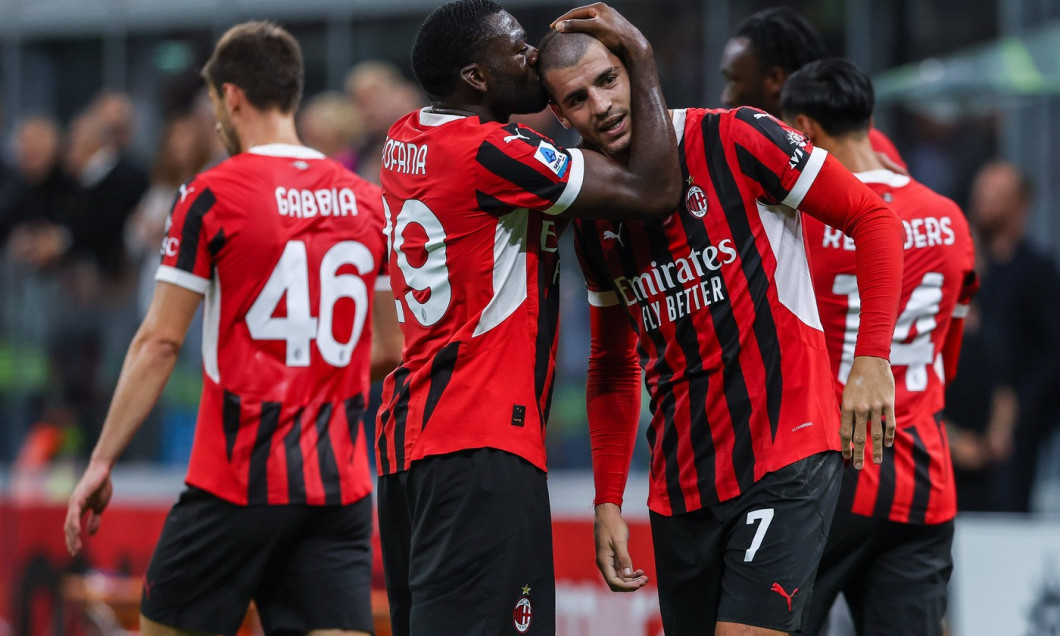 AC Milan vs US Lecce - Serie A 2024/25 - 27/09/2024 Alvaro Morata of AC Milan celebrates with his teammates after scorin