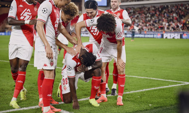 Joy of Forward EMBOLO Breel (AS Monaco) and his teammates after goal. AS Monaco vs Red Star Belgrade - Crvena Zvezda - U