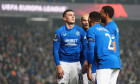 Rangers' Tom Lawrence (left) celebrates scoring their side's first goal of the game with team-mates during the UEFA Europa League match at Ibrox Stadium, Glasgow. Picture date: Thursday October 3, 2024.