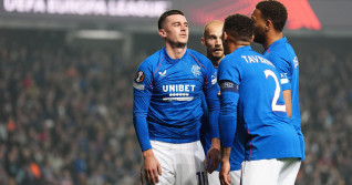 Rangers' Tom Lawrence (left) celebrates scoring their side's first goal of the game with team-mates during the UEFA Europa League match at Ibrox Stadium, Glasgow. Picture date: Thursday October 3, 2024.