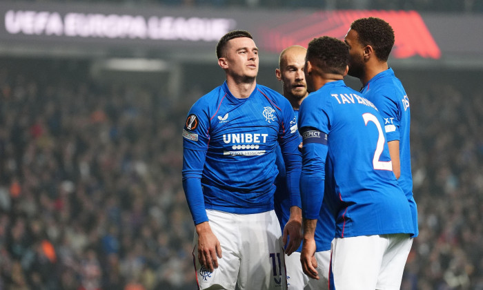 Rangers' Tom Lawrence (left) celebrates scoring their side's first goal of the game with team-mates during the UEFA Europa League match at Ibrox Stadium, Glasgow. Picture date: Thursday October 3, 2024.