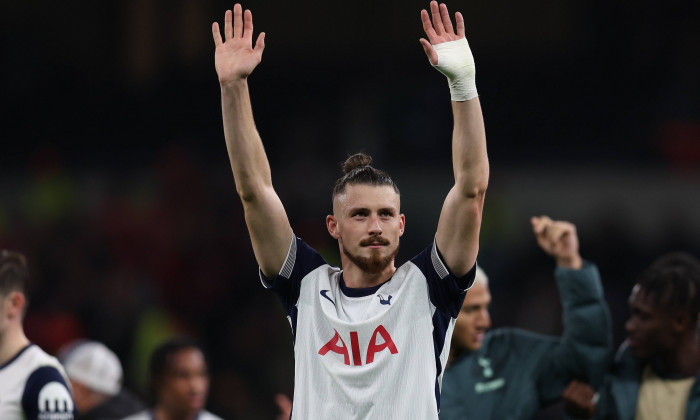 London, England, 24th October 2024. Radu Dragusin of Tottenham Hotspur gestures to the fans after the UEFA Europa League