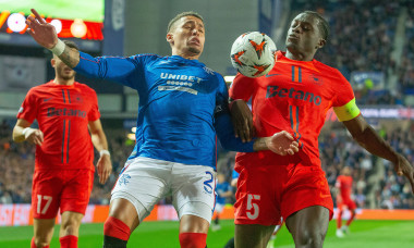 Rangers v Steaua Bucharest Europa League 24/10/2024. James Tavernier of Rangers FC battles with Joyskim Dawa of FC Steau