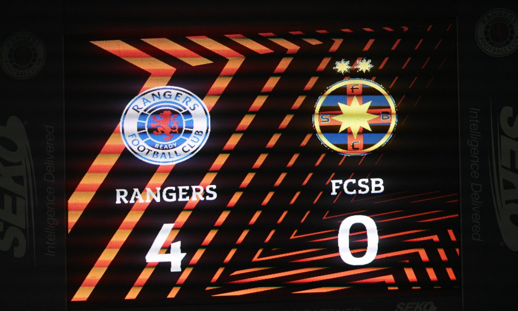 Rangers v Fotbal Club FCSB UEFA Europa League Full time scoreboard during the UEFA Europa League match at Ibrox Stadium,