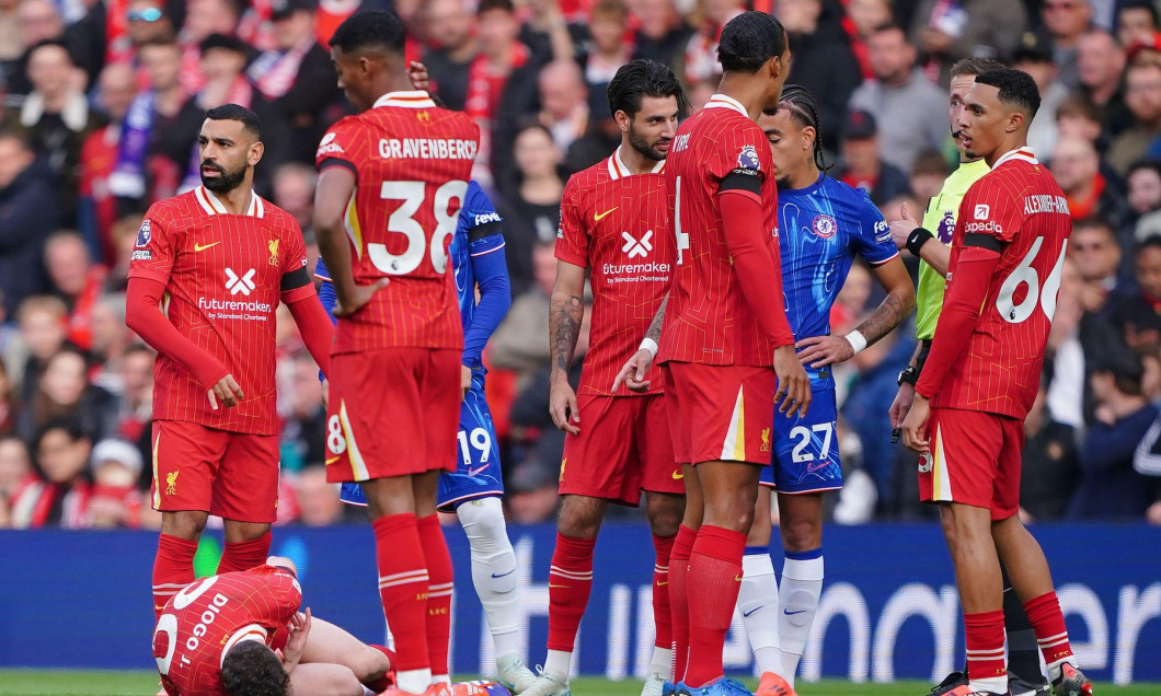 Liverpool's Diogo Jota (left) lays on the floor after being fouled during the Premier League match at Anfield, Liverpool. Picture date: Sunday October 20, 2024.