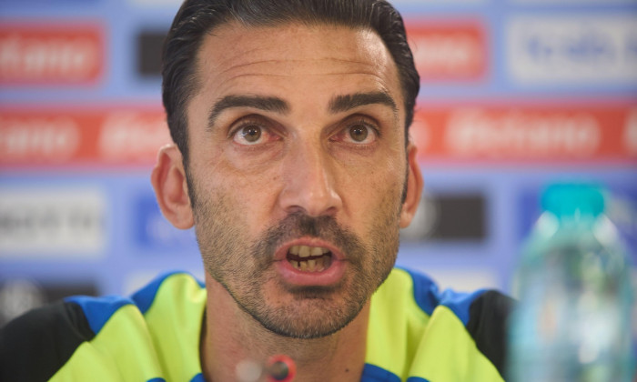 Bucharest, Romania. 12th Aug, 2024: Elias Charalambous, FCSB football team coach, and midfielder Mihai Lixandru (not in picture) hold a press conference, at the FCSB Training Centre, one day ahead the UEFA Champions League, third qualifying round 2nd leg