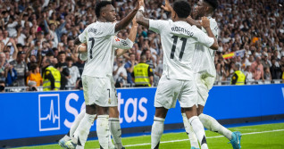 Real Madrid CF vs Villarreal CF - La Liga EA Sports 2024/25 Vinicius Junior of Real Madrid CF (R) celebrates his goal wi