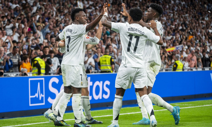 Real Madrid CF vs Villarreal CF - La Liga EA Sports 2024/25 Vinicius Junior of Real Madrid CF (R) celebrates his goal wi